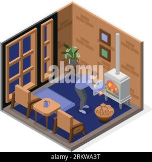 Power outage isometric composition with man kindling fireplace in room of country house vector illustration Stock Vector