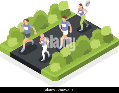 Composition isométrique de compétition de marathon en plein air avec groupe de coureurs en uniforme de sport avec des numéros sur l'illustration vectorielle isolée de t-shirt Illustration de Vecteur