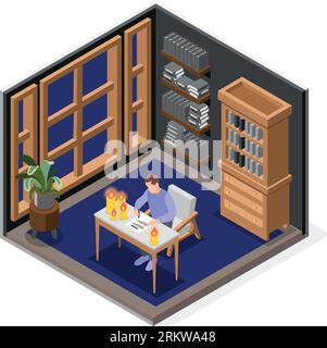 Coupure de courant objet isolé avec homme travaillant au bureau par illustration vectorielle isométrique à la lumière des bougies Illustration de Vecteur