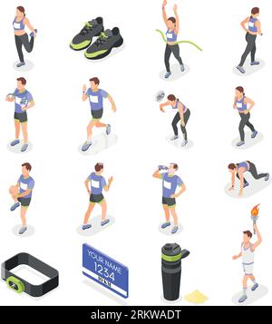 Icônes isométriques des coureurs de marathon ensemble d'athlètes de course et d'équipement sportif illustration vectorielle isolée Illustration de Vecteur