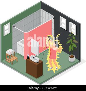 Composition isométrique de jour malchanceux avec une femme choquée dans la salle de bain tenant une illustration vectorielle brisée de sèche-cheveux à main brûlante Illustration de Vecteur