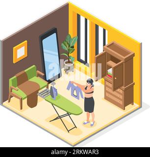 Unlucky day isometric object with woman is shocked to see hole in her clothes from electric iron vector illustration Illustration de Vecteur