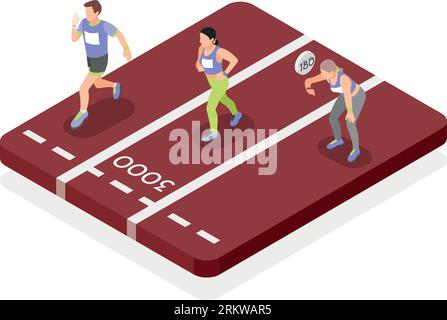 Objet isométrique de coureurs de marathon avec deux athlètes de course et fille arrêtée pour mesurer l'illustration de vecteur d'impulsion Illustration de Vecteur