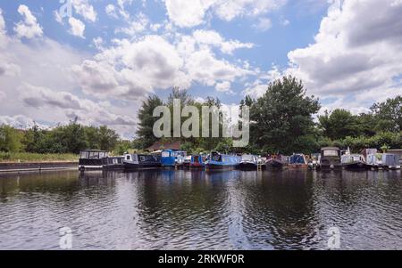 Bateaux étroits amarrés à une marina sur la rivière Stort près de Harlow Angleterre avec des arbres et un beau ciel en arrière-plan Banque D'Images