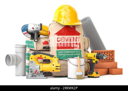 Matériaux et outils de construction isolés sur fond blanc. 3d illustration Banque D'Images