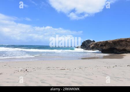 Vagues qui roulent sur la plage d'Andicuri sur la côte est d'Aruba. Banque D'Images