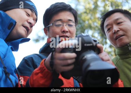 Bildnummer : 58714082 Datum : 14.11.2012 Copyright : imago/Xinhua les membres d'une équipe de caméra bénévole nommée Panda Shooting Team regardent les photos qu'ils ont prises pour des personnes âgées à Beijing, capitale de la Chine, le 14 novembre 2012. Fondée en juin 2011, la Panda Shooting Team est une organisation non gouvernementale de photographie composée de plus de 200 bénévoles de divers secteurs. Inspirée par l’expérience de la photographie en gerocomium l’année dernière, l’équipe a lancé un projet de prise de photos pour 10 000 seniors et de leur envoi gratuit des photos. Il en a photographié plus de 7 Banque D'Images