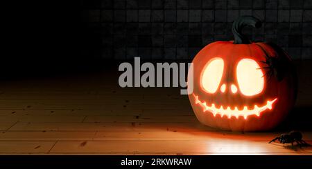 Arrière-plan d'halloween sinistre. Halloween Pumpkins dans la chambre sombre Spooky la nuit. Chambre sombre avec le mal hanté yeux brillants de Jack O' lanternes sur Scary Banque D'Images