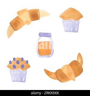 Service à thé : muffins, croissants, un pot de miel. Illustration d'aquarelle isolée sur fond blanc. Clipart. Décor pour un tea party ou un style anglais Banque D'Images