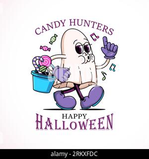 Joyeuse illustration de dessin animé d'Halloween d'un fantôme de tissu blanc portant une baignoire de bonbons. Parfait pour les logos, mascottes, t-shirts, autocollants et affiches Illustration de Vecteur