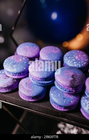 Une délicieuse sélection de macarons finement conçus dans une gamme vibrante de teintes violettes sont présentés sur un plateau noir Banque D'Images