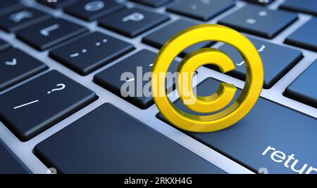 Droit d'auteur propriété intellectuelle et droit d'auteur numérique illustration conceptuelle 3D avec symbole doré et icône sur un clavier d'ordinateur portable. Banque D'Images