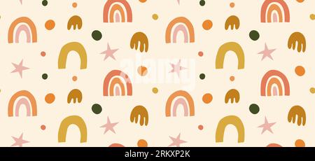 Seamless pastel colored vector pattern of rainbows and abstract doodle hand drawn organic shapes. background illustration. Stock Vector