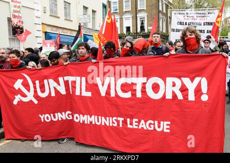 The Young Communist League members gathering at Clerkenwell Green for London's International Workers' Day march and rally. May Day, also known as Inte Stock Photo