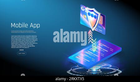 Banque en ligne, login, protection, le concept d'un portefeuille intelligent avec une application de paiement illustration vectorielle isométrique plate. Écran de paiement électronique Illustration de Vecteur