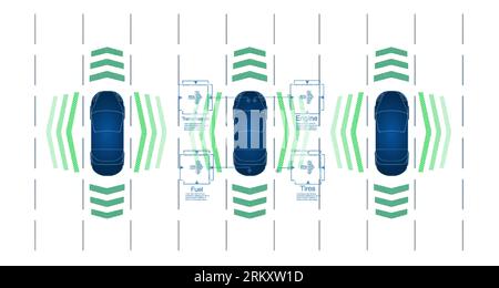 Interface de voiture dans HUD, GUI, style UI. Concept de système de détection automobile. Voiture autonome. Système d'assistance au conducteur. Vue de dessus de la voiture avec numérique électronique Illustration de Vecteur