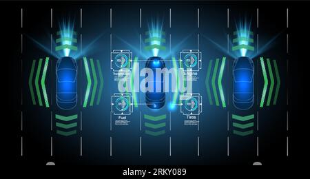 Voitures intelligentes conduisant sur la route, véhicules sans conducteur, vue de dessus. ADAS, SON système. Smart car (HUD) vue de dessus de la voiture avec interface numérique électronique, param Illustration de Vecteur