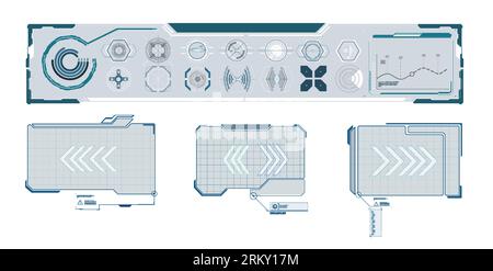 Ensemble de cadres modernes, légendes pour les éléments d'interface de menu utilisateur dans un style futuriste. Jeu écran numérique futuriste, hud tech future cadre. Informati Illustration de Vecteur