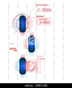 Système de commande de conduite sans assistance du conducteur. Conduite sûre. Interface utilisateur de voiture futuriste Vector. UI HUD. Hologramme de la voiture, balayage. Résumé Illustration de Vecteur