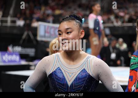 25 août 2023 : la gymnaste Leanne Wong lors de la compétition senior féminine Day 1 aux Championnats américains de gymnastique 2023. La compétition se déroule au SAP Center de San Jose, en Californie. Melissa J. Perenson/CSM Banque D'Images