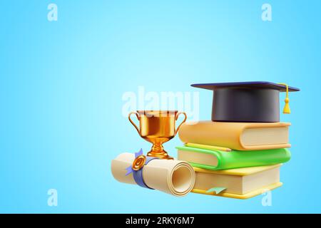 Retour à l'école. Pile de livres académique Cap Cup diplôme d'études supérieures. Rendu 3D. Banque D'Images