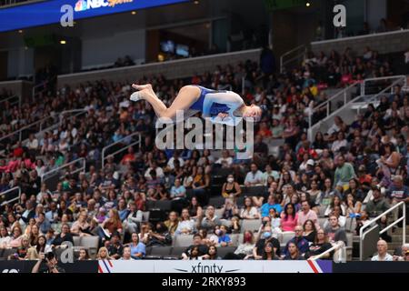 25 août 2023 : la gymnaste Leanne Wong lors de la compétition senior féminine Day 1 aux Championnats américains de gymnastique 2023. La compétition se déroule au SAP Center de San Jose, en Californie. Melissa J. Perenson/CSM Banque D'Images