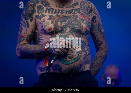 Paris, France. 25 août 2023. Sebastian Murphy de Viagra Boys se produit sur scène pendant le concert. Le deuxième jour de la 20e édition du festival de musique français Rock en Seine a été présenté par le placebo britannique, au domaine National de Saint-Cloud. Crédit : SOPA Images Limited/Alamy Live News Banque D'Images