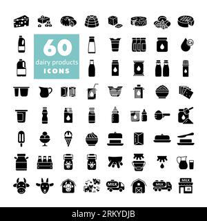 Lait, jeu d'icônes de glyphe vecteur de produits laitiers. Symbole graphique pour la conception de sites Web et d'applications de cuisine, logo, application, interface utilisateur Illustration de Vecteur