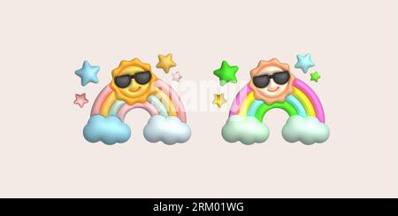 3D illustration colorful rainbow, clouds, sun in sunglasses and stars. minimal style. Stock Vector