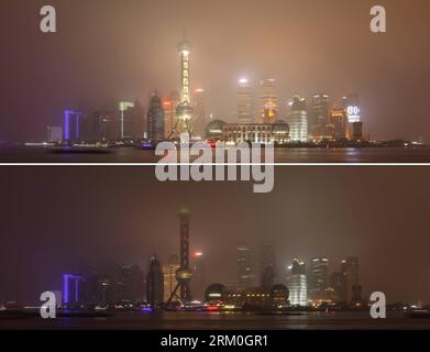 Bildnummer : 59417442 Datum : 23.03.2013 Copyright : imago/Xinhua (130323) -- SHANGHAI, 23 mars 2013 (Xinhua) -- la photo combinée montre des gratte-ciel dans la région de Lujiazui à Shanghai, dans l'est de la Chine, avant (en haut) et après avoir éteint leurs lumières pour marquer l'événement annuel Earth Hour, le 23 mars 2013. (Xinhua/Wei Song) (zn) CHINA-ENVIRONMENT-EARTH HOUR (CN) PUBLICATIONxNOTxINxCHN Gesellschaft Klimaschutz Licht aus xas x0x 2013 quer Aufmacher premiumd 59417442 Date 23 03 2013 Copyright Imago XINHUA Shanghai Mars 23 2013 XINHUA la photo combinée montre des gratte-ciel dans la région de Lujiazui de Shanghai EAS Banque D'Images