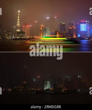 Bildnummer: 59417439  Datum: 23.03.2013  Copyright: imago/Xinhua (130323) -- SHANGHAI, March 23, 2013 (Xinhua) -- The combo photo shows skyscrapers in the Lujiazui area of Shanghai, east China, before (up) and after turning off their lights to mark the annual Earth Hour event, March 23, 2013. (Xinhua/Pei Xin) (zn) CHINA-ENVIRONMENT-EARTH HOUR (CN) PUBLICATIONxNOTxINxCHN Gesellschaft Klimaschutz Licht aus xas x0x 2013 quadrat Aufmacher premiumd      59417439 Date 23 03 2013 Copyright Imago XINHUA  Shanghai March 23 2013 XINHUA The Combo Photo Shows Skyscrapers in The Lujiazui Area of Shanghai E Banque D'Images