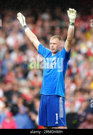 Le gardien de but de l'arsenal Aaron Ramsdale lors du match de Premier League à l'Emirates Stadium, à Londres. Date de la photo : Samedi 26 août 2023. Banque D'Images