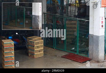 Bildnummer: 59477132  Datum: 05.04.2013  Copyright: imago/Xinhua (130405) -- SHANGHAI, April 5, 2013 (Xinhua) -- The combined photo taken on April 5, 2013 shows workers encase live poultry at the Sanguantang poultry and egg market (big picture) and parts of the live poultry area have been cleaned at the same market (small picture) in Shanghai, east China. The government of Shanghai Municipality said on Friday sales of live poultry will be suspended in the municipality from April 6 as the H7N9 strain of avian influenza has sickened 14 and killed six. (Xinhua/Ding Ting) (wjq) CHINA-SHANGHAI-H7N9 Stock Photo