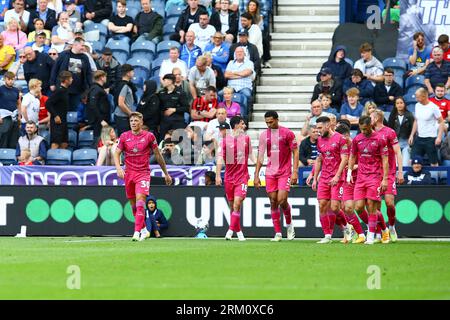 Deepdale Stadium, Preston, England - 26th August 2023 Harrison Ashby (30) of Swansea City celebrates with team mates after scoring the 1st goal - during the game Preston NE v Swansea City, EFL Championship, 2023/24, Deepdale Stadium, Preston, England - 26th August 2023  Credit: Arthur Haigh/WhiteRosePhotos/Alamy Live News Stock Photo