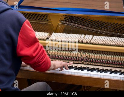 Gros plan d'un pianiste jouant du piano à Exchecher Gate, Lincoln City, Lincolnshire, Angleterre, Royaume-Uni Banque D'Images