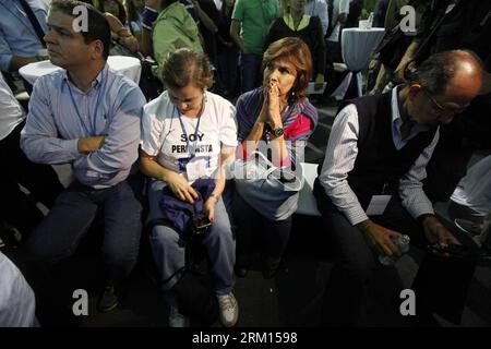 Bildnummer : 59516308 Datum : 14.04.2013 Copyright : imago/Xinhua (130415) -- CARACAS, 14 avril 2013 (Xinhua) -- les partisans du candidat de l'opposition vénézuélienne Henrique Capriles réagissent après l'annonce des résultats des élections, à Caracas, capitale du Venezuela, le 14 avril 2013. Le président par intérim vénézuélien Nicolas Maduro a remporté l'élection présidentielle avec 50,66 pour cent des voix, a déclaré dimanche le président du Conseil électoral national, Tibisay Lucena. (Xinhua/AVN) VENEZUELA-CARACAS-ÉLECTION PRÉSIDENTIELLE PUBLICATIONxNOTxINxCHN Politik Wahl Präsidentschaftswahl xas x0x 2013 quer 59516308 Date 14 Banque D'Images