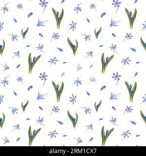 Motif sans couture aquarelle de gouttes de neige bleues douces. Orné isolé sur fond blanc. Illustration de printemps de fleur pour la conception de l'emballage Banque D'Images