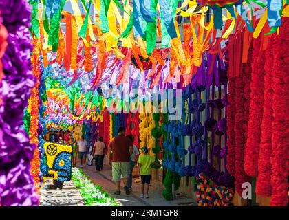 Rues décorées pour Festas dos Tabuleiros à Tomar Portugal 2023 Banque D'Images