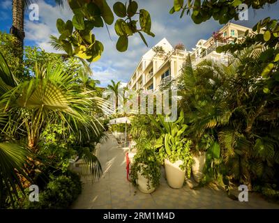 Grand Cayman, Îles Caïmans, 11 juin 2023, vue sur une aire de repos à Palm Heights, un hôtel boutique sur Seven Mile Beach Banque D'Images