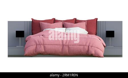 lit blanc et rouge vierge avec mockup d'oreillers, vue de face, fond blanc en bois naturel, lit de tête, couvre-lit Banque D'Images