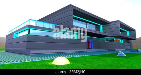 Façade métallique de l'habitation compacte construite dans la région des montagnes. Pelouse bien entretenue devant l'entrée. rendu 3d. Banque D'Images