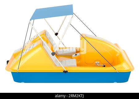 Bateau à pédales. Bateau à aubes ou pédalo avec auvent, vue latérale. Rendu 3D isolé sur fond blanc Banque D'Images