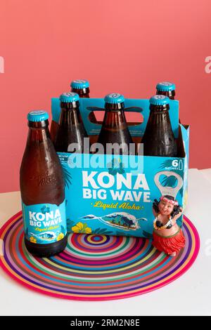 Nature morte d'une bouteille et six paquets de bière Kona Big Wave, 2023, États-Unis Banque D'Images