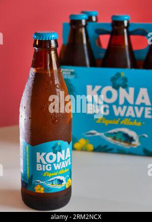 Nature morte d'une bouteille et six paquets de bière Kona Big Wave, 2023, États-Unis Banque D'Images