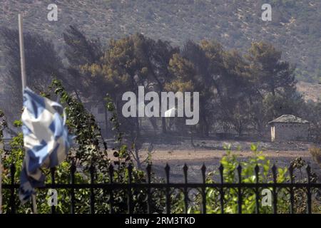 Bildnummer: 60325838  Datum: 05.08.2013  Copyright: imago/Xinhua (130805) -- ATHENS, Aug. 5, 2013 (Xinhua) -- Photo taken on Aug. 5, 2013 shows burned plants by a wildfire in Marathon, Greece. At least seven houses have suffered severe damages, according to Fire Brigade sources. No injuries have been reported.Approximately 60 fire fighters, assisted by four water bombing airplanes and four helicopters are struggling to contain the blazes near the starting point of the original Marathon race, some 40 kilometres east of Athens. (Xinhua/Marios Lolos) GREECE-ATHENS-FIRE PUBLICATIONxNOTxINxCHN Gese Stock Photo