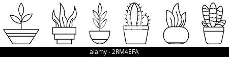 Ensemble d'icônes de plantes d'intérieur. Cactus et feuilles dans les pots pour la décoration de la maison. Illustration vectorielle isolée sur fond blanc. Illustration de Vecteur