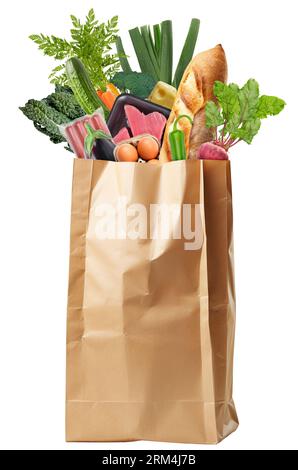 Sac en papier avec épicerie isolé sur fond blanc. Banque D'Images