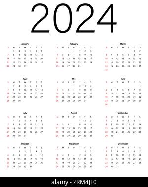 Calendrier mensuel classique pour 2024. Calendrier dans le style de la forme carrée minimaliste. La semaine commence le dimanche. Illustration vectorielle Illustration de Vecteur