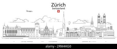 Illustration vectorielle d'art de ligne de paysage urbain de Zurich Illustration de Vecteur