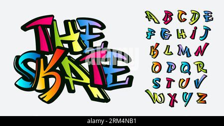 Alphabet graffiti ludique, lettres rebelles et colorées tapeset. Police funky teen pour skate et hip-hop. Typographique vivante et dynamique Illustration de Vecteur